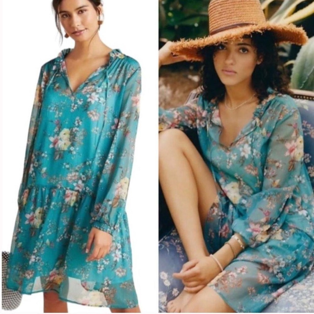Anthropologie Maeve Teal Floral Emmy Longsleeve Dress Size Medium M
